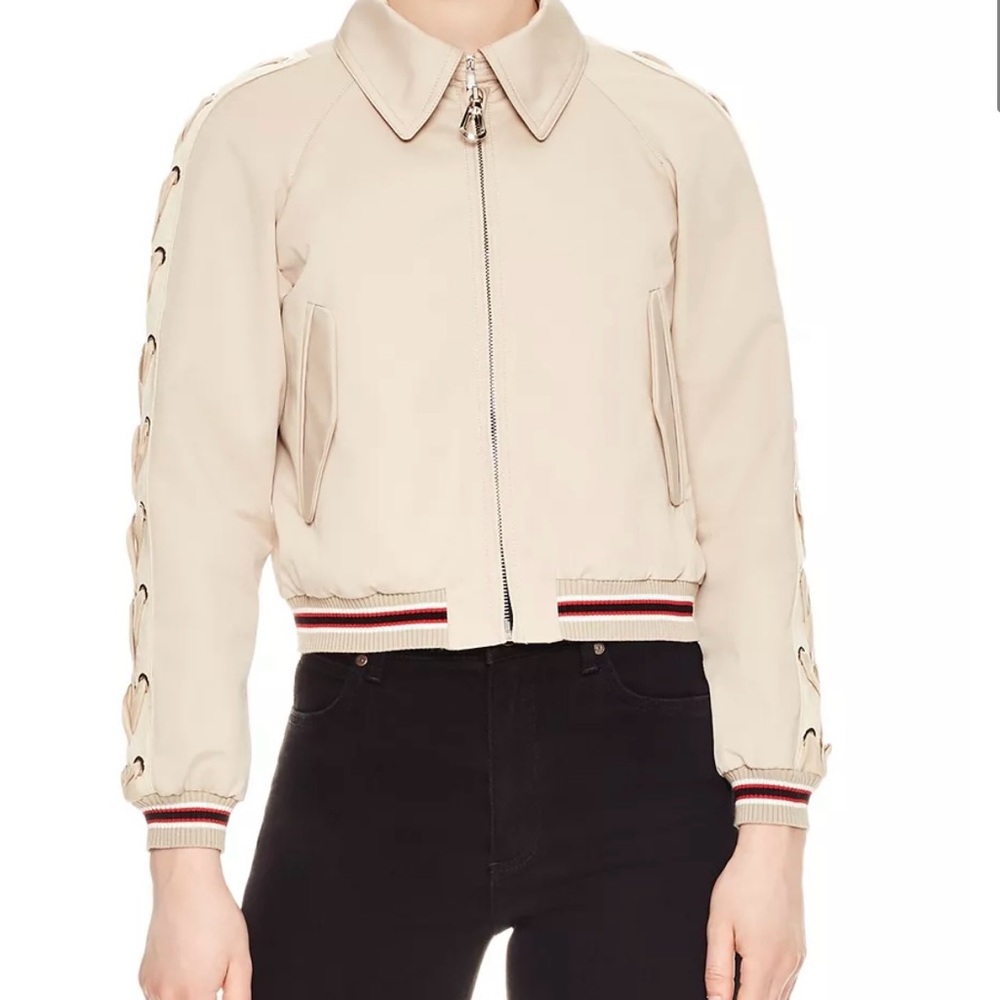 Sandro Cream Bomber Jacket with Red Accents